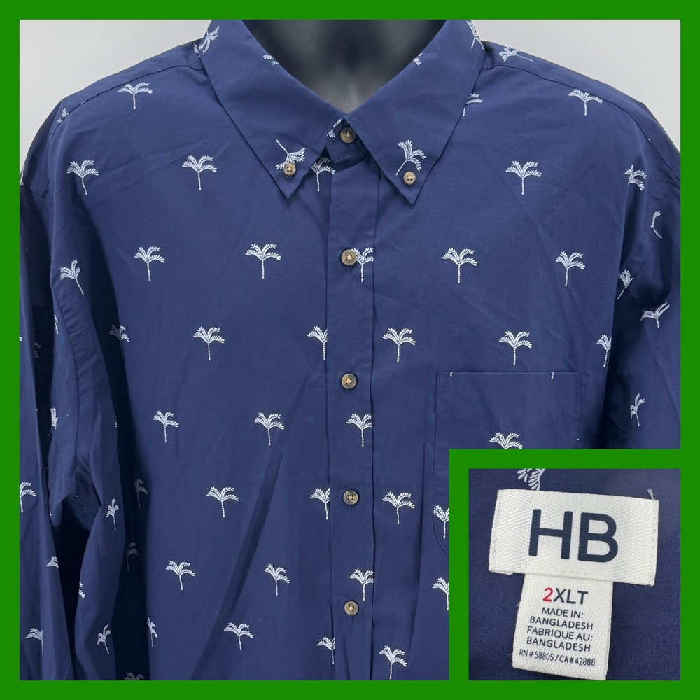 HB Mens 2XLT Navy Blue Palm Tree Print Button Down Long Sleeve‎ Shirt